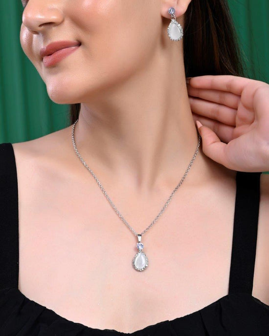 Silver Plated White Stone With AD Stone Studded Chain Set-VOJ284