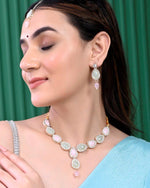 Gold Plated Nude Pink And Mint Green Stone Studded Jewellery Set With Maang Tikka-VOJ285