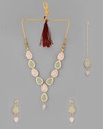 Gold Plated Nude Pink And Mint Green Stone Studded Jewellery Set With Maang Tikka-VOJ285