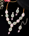 Gold Plated Nude Pink And Mint Green Stone Studded Jewellery Set With Maang Tikka-VOJ285