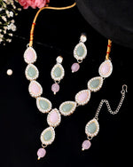 Gold Plated Nude Pink And Mint Green Stone Studded Jewellery Set With Maang Tikka-VOJ285