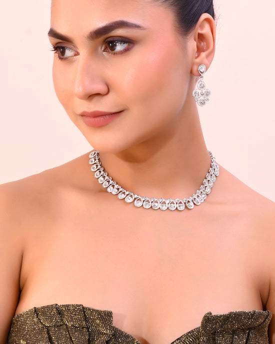 AD Stone Studded Silver Plated Necklace and Earrings Set-VOJ292