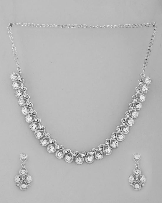 AD Stone Studded Silver Plated Necklace and Earrings Set-VOJ292