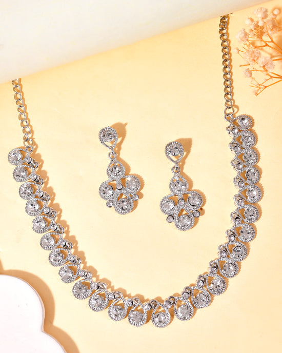 AD Stone Studded Silver Plated Necklace and Earrings Set-VOJ292