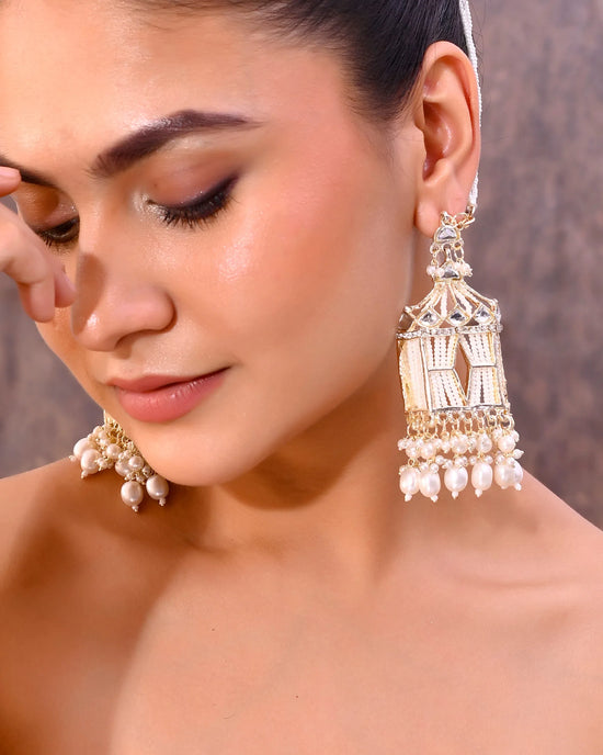 Gold Plated Handcrafted Pearls Beaded ChandBali Earrings with Kan Chain-VOJ293