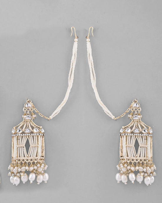 Gold Plated Handcrafted Pearls Beaded ChandBali Earrings with Kan Chain-VOJ293