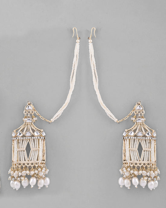 Gold Plated Handcrafted Pearls Beaded ChandBali Earrings with Kan Chain-VOJ293