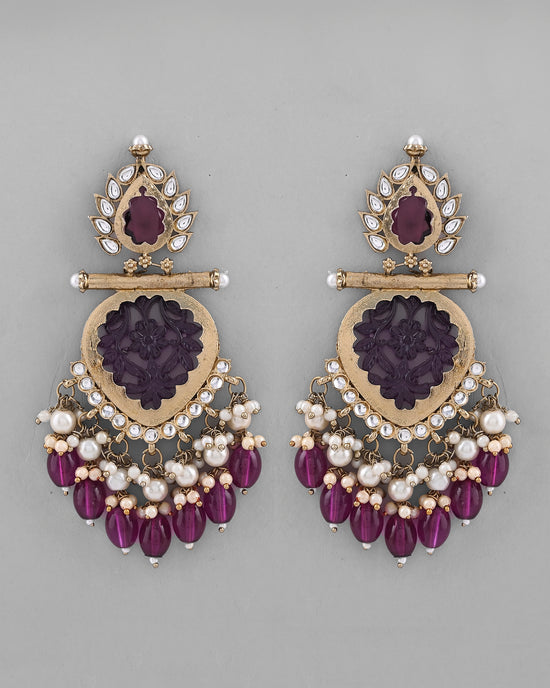 Gold Plated Purple Colour Drop And Dangle Statement Earrings-VOJ294