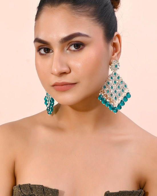 Traditional Gold Plated Green & White AD Stone Statement Earrings-VOJ295