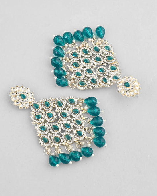 Traditional Gold Plated Green & White AD Stone Statement Earrings-VOJ295