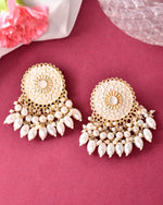 Gold Plated White circular Earrings With Pearls-VOJ296