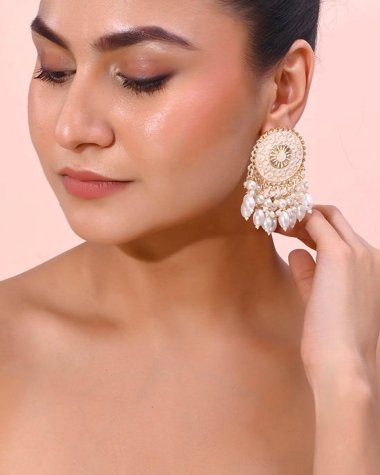 Gold Plated White circular Earrings With Pearls-VOJ296