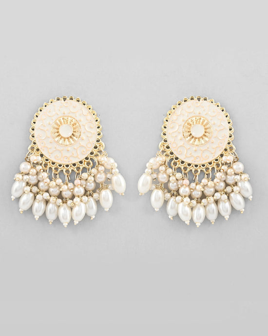 Gold Plated White circular Earrings With Pearls-VOJ296