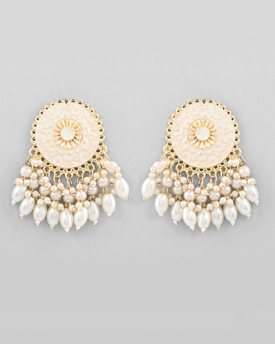 Gold Plated White circular Earrings With Pearls-VOJ296