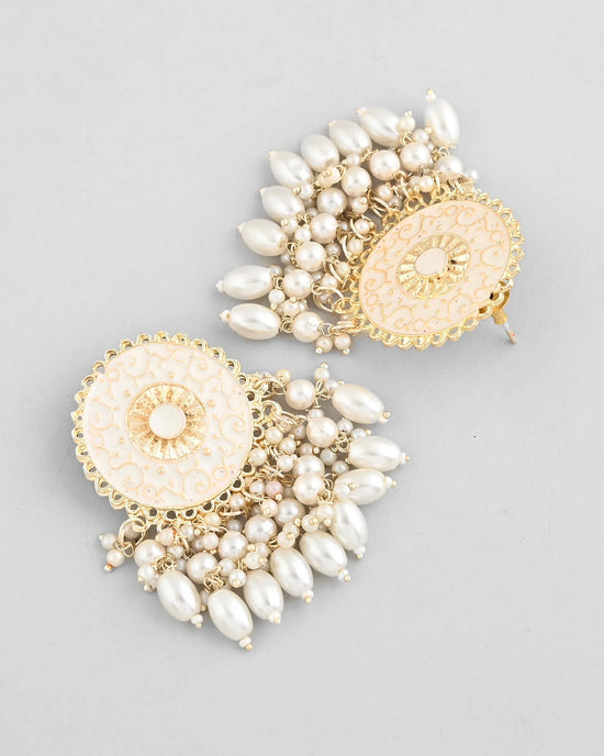 Gold Plated White circular Earrings With Pearls-VOJ296