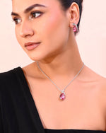 Silver Plated Chan with Pink and White AD stone Studded Pendant and Earrings Set-VOJ297