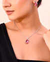 Silver Plated Chan with Pink and White AD stone Studded Pendant and Earrings Set-VOJ297