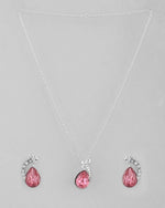 Silver Plated Chan with Pink and White AD stone Studded Pendant and Earrings Set-VOJ297