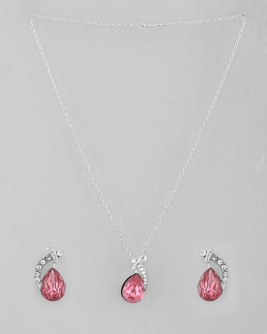 Silver Plated Chan with Pink and White AD stone Studded Pendant and Earrings Set-VOJ297