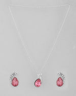 Silver Plated Chan with Pink and White AD stone Studded Pendant and Earrings Set-VOJ297