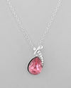 Silver Plated Chan with Pink and White AD stone Studded Pendant and Earrings Set-VOJ297