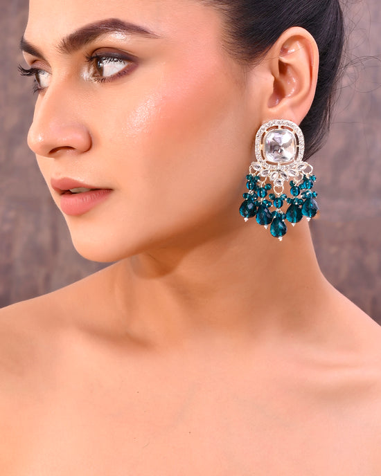 Silver Plated Kundan Earrings with Teal colour Pearls-VOJ298