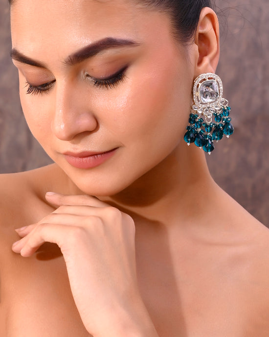 Silver Plated Kundan Earrings with Teal colour Pearls-VOJ298