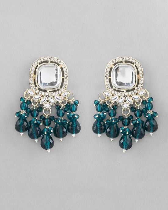 Silver Plated Kundan Earrings with Teal colour Pearls-VOJ298