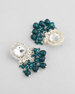 Silver Plated Kundan Earrings with Teal colour Pearls-VOJ298