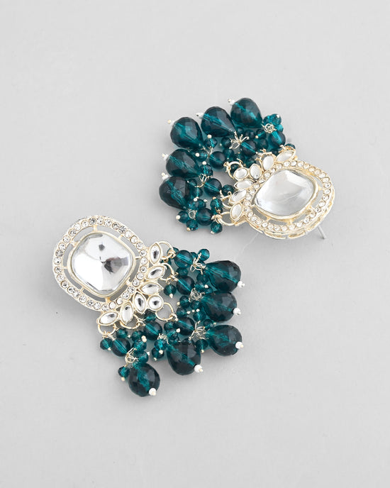 Silver Plated Kundan Earrings with Teal colour Pearls-VOJ298