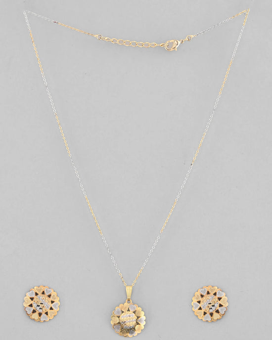 White and Yellow Gold Plated Chain With Flower shaped Pandent And Flower shaped Earrings-VOJ304