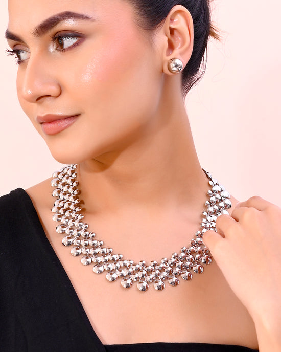 Silver Plated Long Necklace With Earrings Set-VOJ306