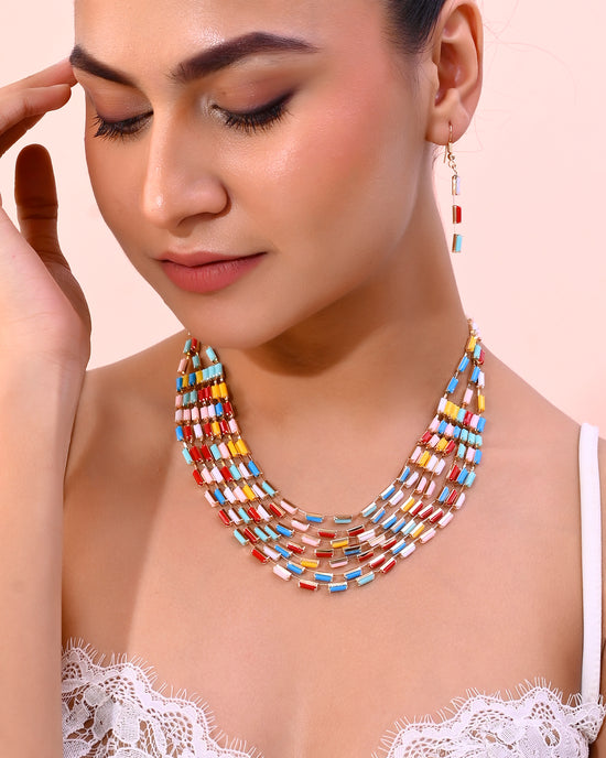 Multi Coloured  Long Necklace With Earrings Set-VOJ307