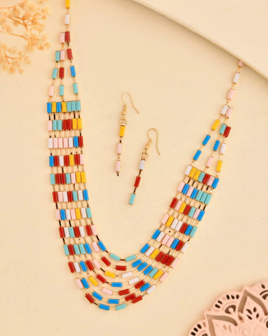 Multi Coloured  Long Necklace With Earrings Set-VOJ307