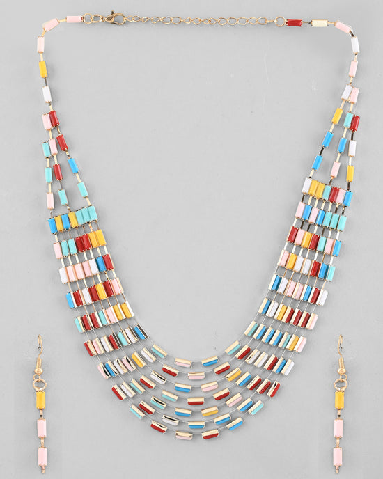 Multi Coloured  Long Necklace With Earrings Set-VOJ307