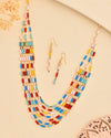 Multi Coloured  Long Necklace With Earrings Set-VOJ307