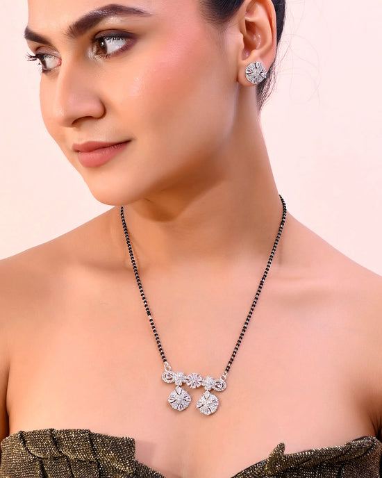 Silver-Plated Black Beaded & AD Studded Chain Mangalsutra Set-VOJ310