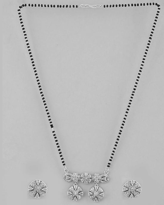 Silver-Plated Black Beaded & AD Studded Chain Mangalsutra Set-VOJ310