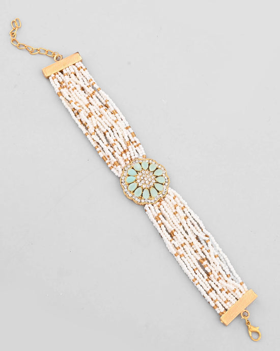 Gold Plated Green Flower Studded And Beaded Mutli Layer Bracelet-VOJ313