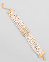 Gold Plated Green Flower Studded And Beaded Mutli Layer Bracelet-VOJ313