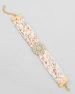 Gold Plated Green Flower Studded And Beaded Mutli Layer Bracelet-VOJ313