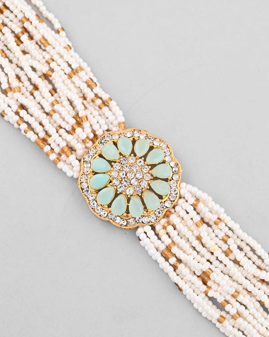 Gold Plated Green Flower Studded And Beaded Mutli Layer Bracelet-VOJ313