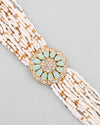 Gold Plated Green Flower Studded And Beaded Mutli Layer Bracelet-VOJ313