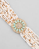 Gold Plated Green Flower Studded And Beaded Mutli Layer Bracelet-VOJ313