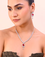 Silver-Plated White And Maroon Colour AD-Studded Jewellery Set-VOJ314