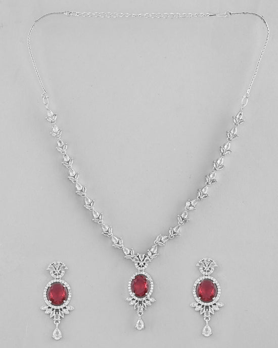 Silver-Plated White And Maroon Colour AD-Studded Jewellery Set-VOJ314