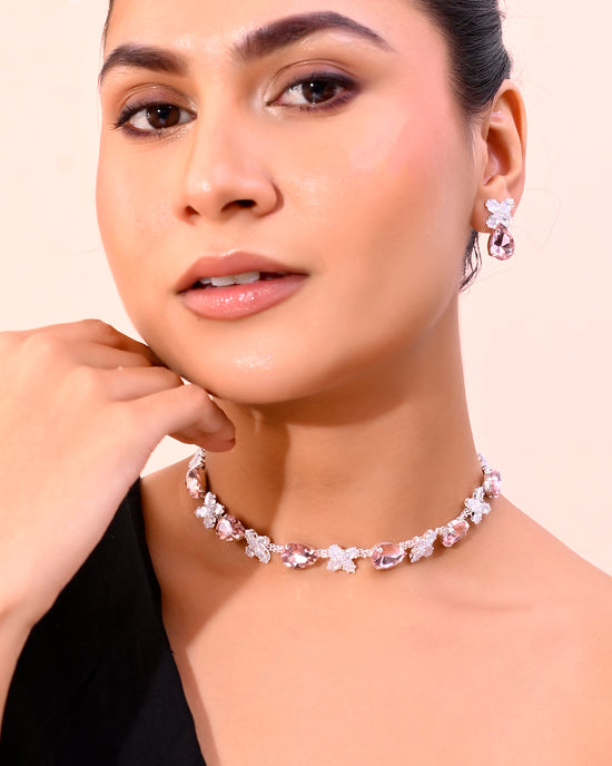 Silver Plated Pink And White Stone Studded Necklace with Earrings Set-VOJ319