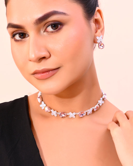 Silver Plated Pink And White Stone Studded Necklace with Earrings Set-VOJ319