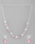 Silver Plated Pink And White Stone Studded Necklace with Earrings Set-VOJ319