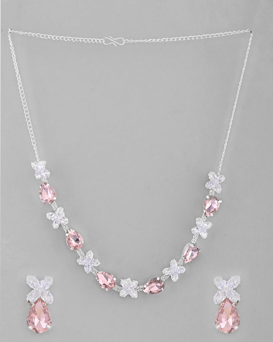 Silver Plated Pink And White Stone Studded Necklace with Earrings Set-VOJ319